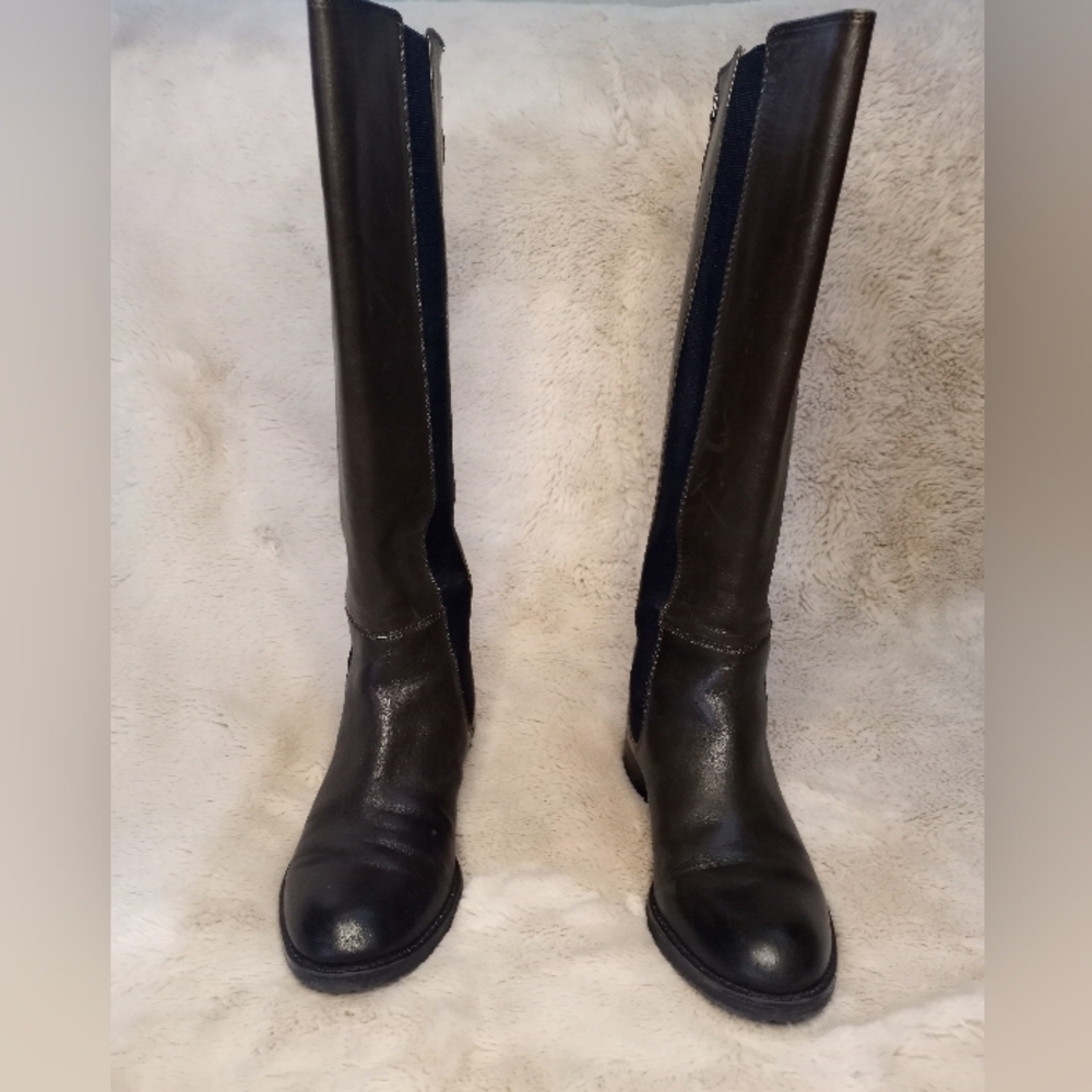 Franco Sarto Leather Tahini Moss Olive Green Boho Stretch Panel Wide Calf Boot 7